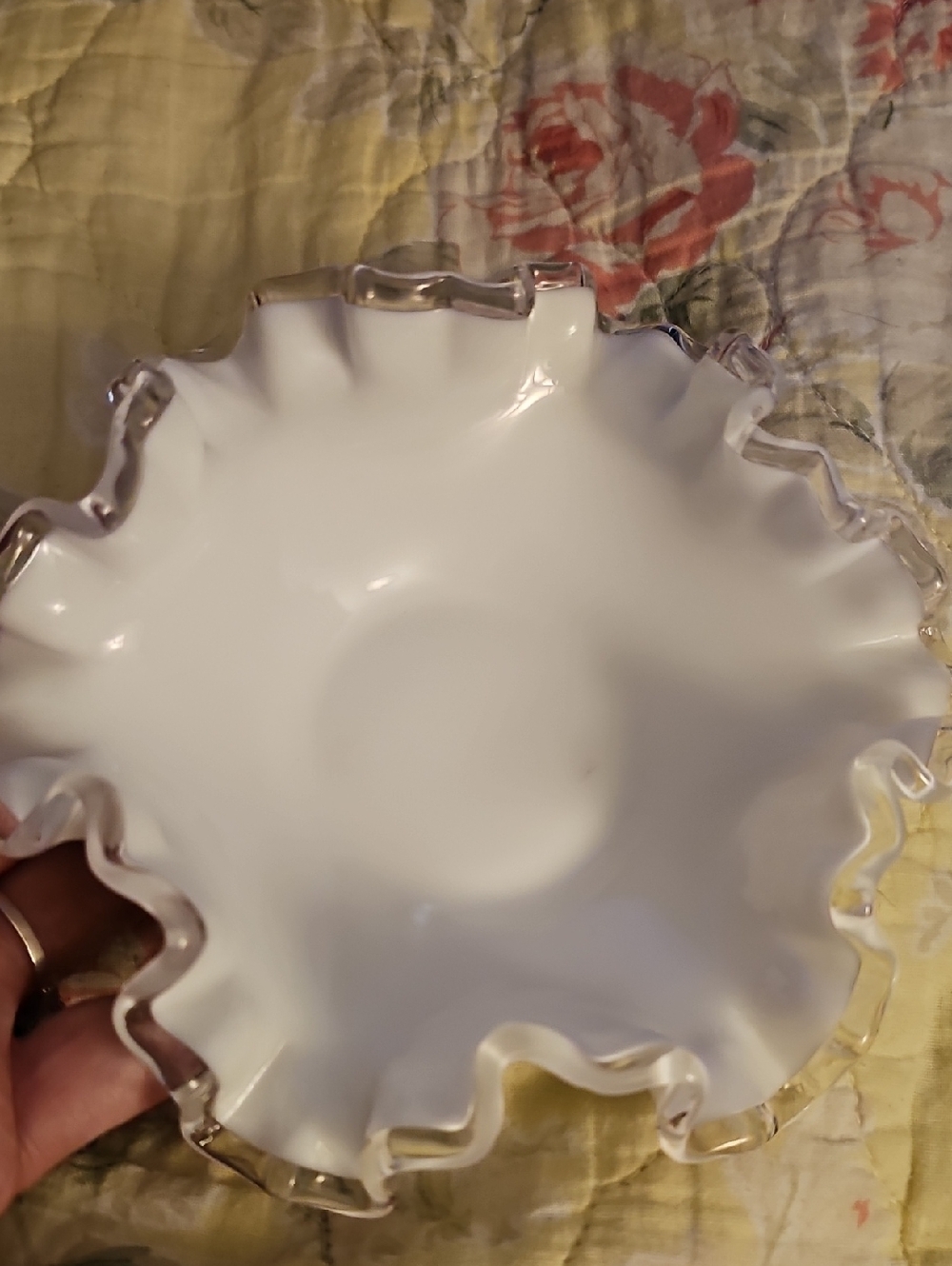 Fenton, White Ruffled Milk Glass Bowl with Clear Crimped Edge
